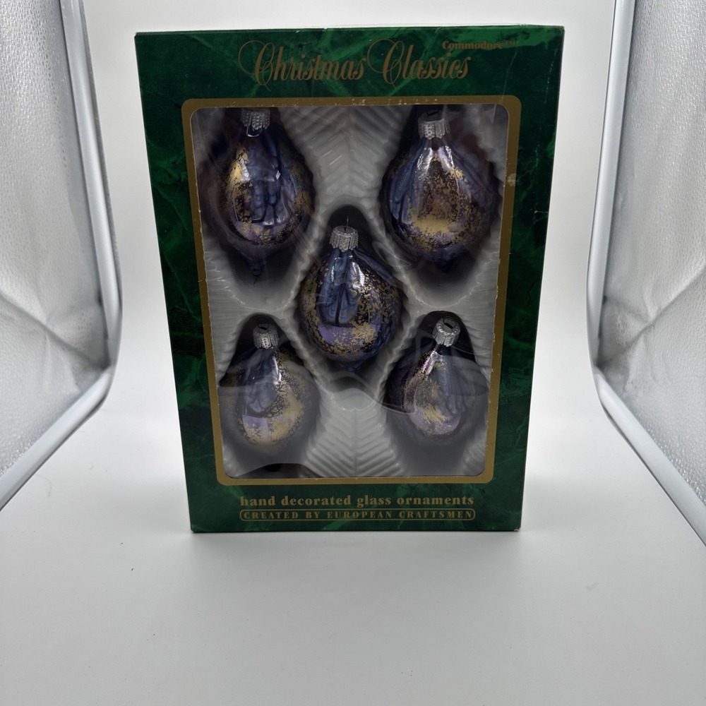 Christmas Classics-Ornaments-Hand Decorated-Glass-Commodore Purple Blue Gold NOS